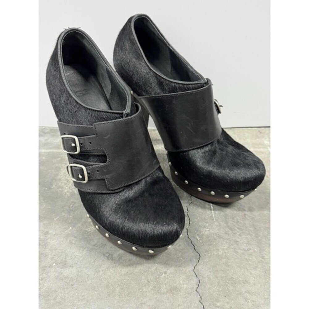 UGG Illana Black Pony Hair Platform High Heel Studded Sherpa Booties Heels   8.5